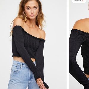Free People Textured Long Sleeve Crop in Black